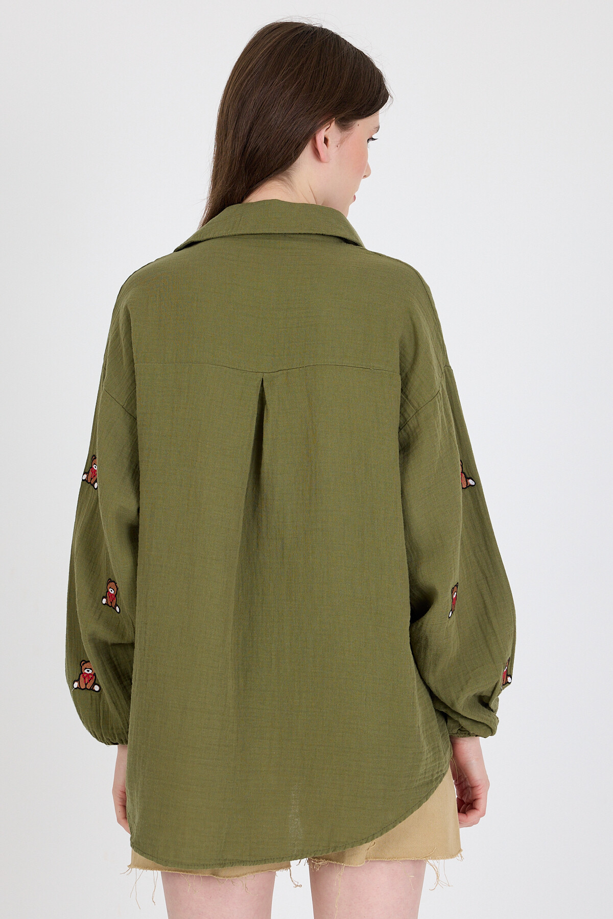 Haki Keten Görünümlü %100 Pamuk Ayıcık Nakışlı Gömlek 4798A - 5