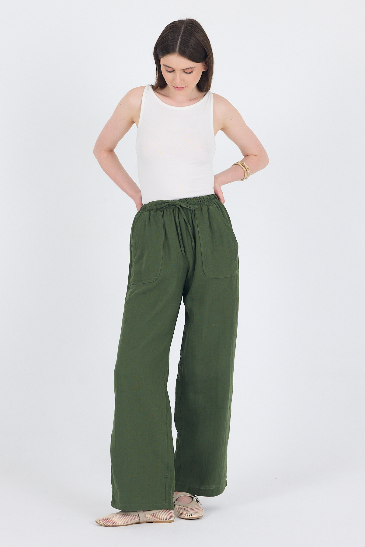 Haki Keten Görünümlü %100 Pamuk Cepli Bol Paça Pantolon 8054A - 2