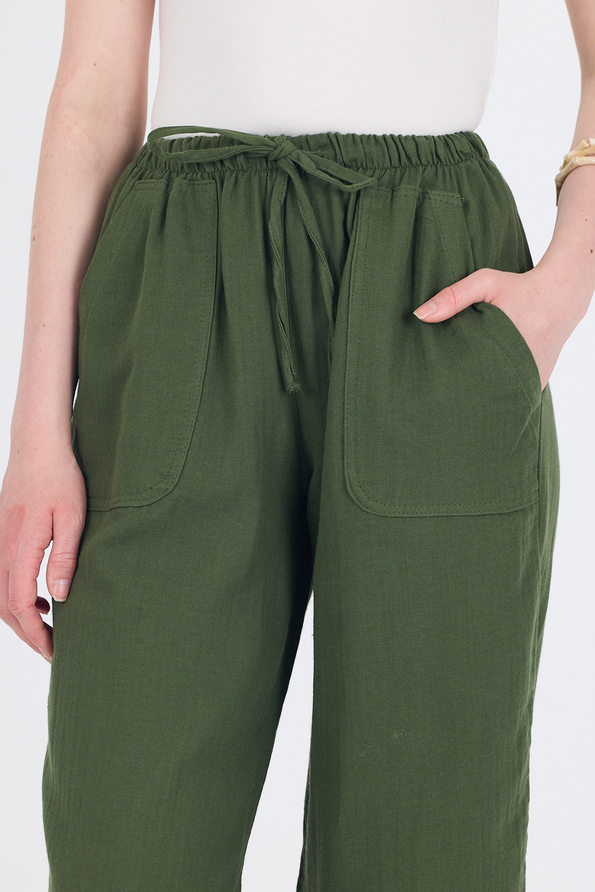 Haki Keten Görünümlü %100 Pamuk Cepli Bol Paça Pantolon 8054A - RAYS