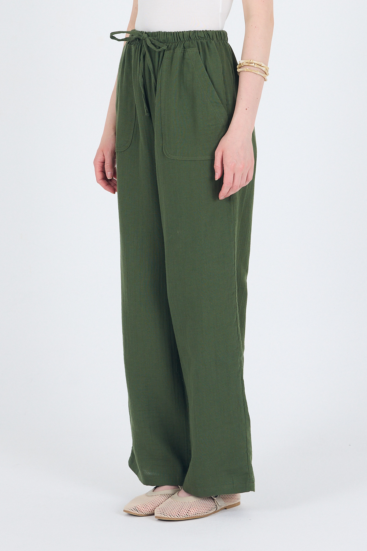 Haki Keten Görünümlü %100 Pamuk Cepli Bol Paça Pantolon 8054A - 5