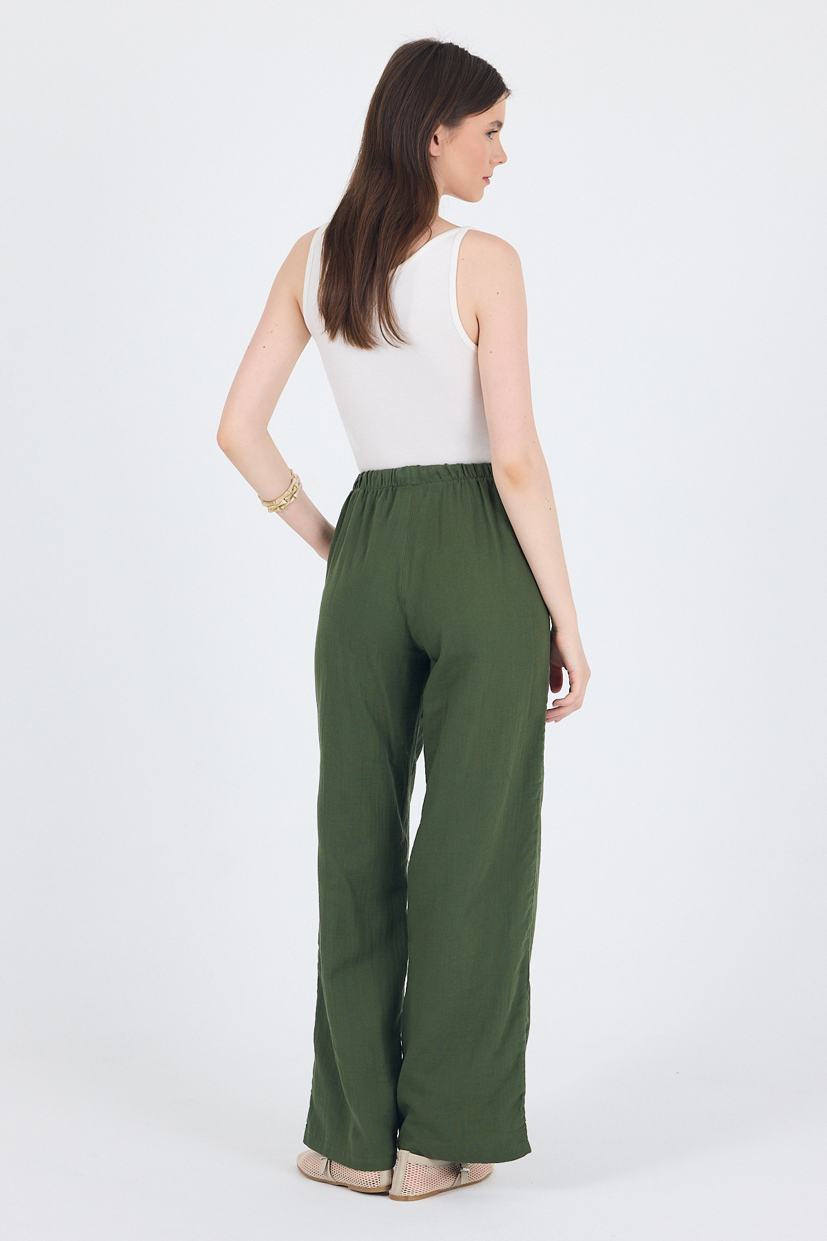 Haki Keten Görünümlü %100 Pamuk Cepli Bol Paça Pantolon 8054A - 6
