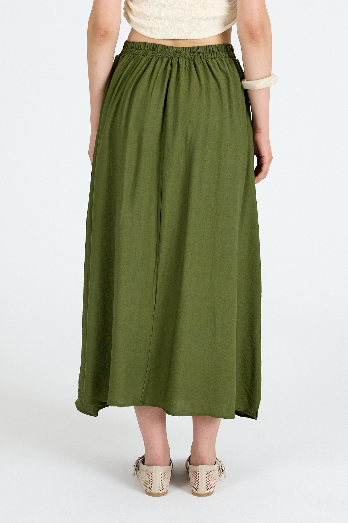 Haki Keten Görünümlü Cep Detaylı Midi Etek 2344 - 5