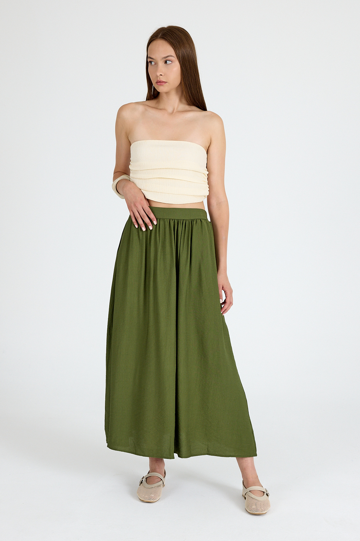 Haki Keten Görünümlü Cep Detaylı Midi Etek 2344 - 6