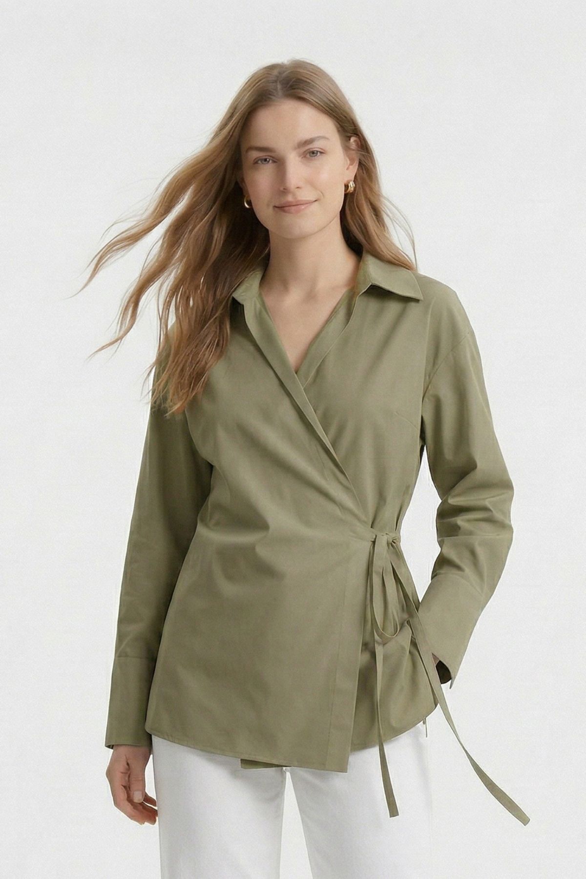 Haki Kol Yırtmaçlı Yandan Bağlamalı Gömlek 5257 - RAYS