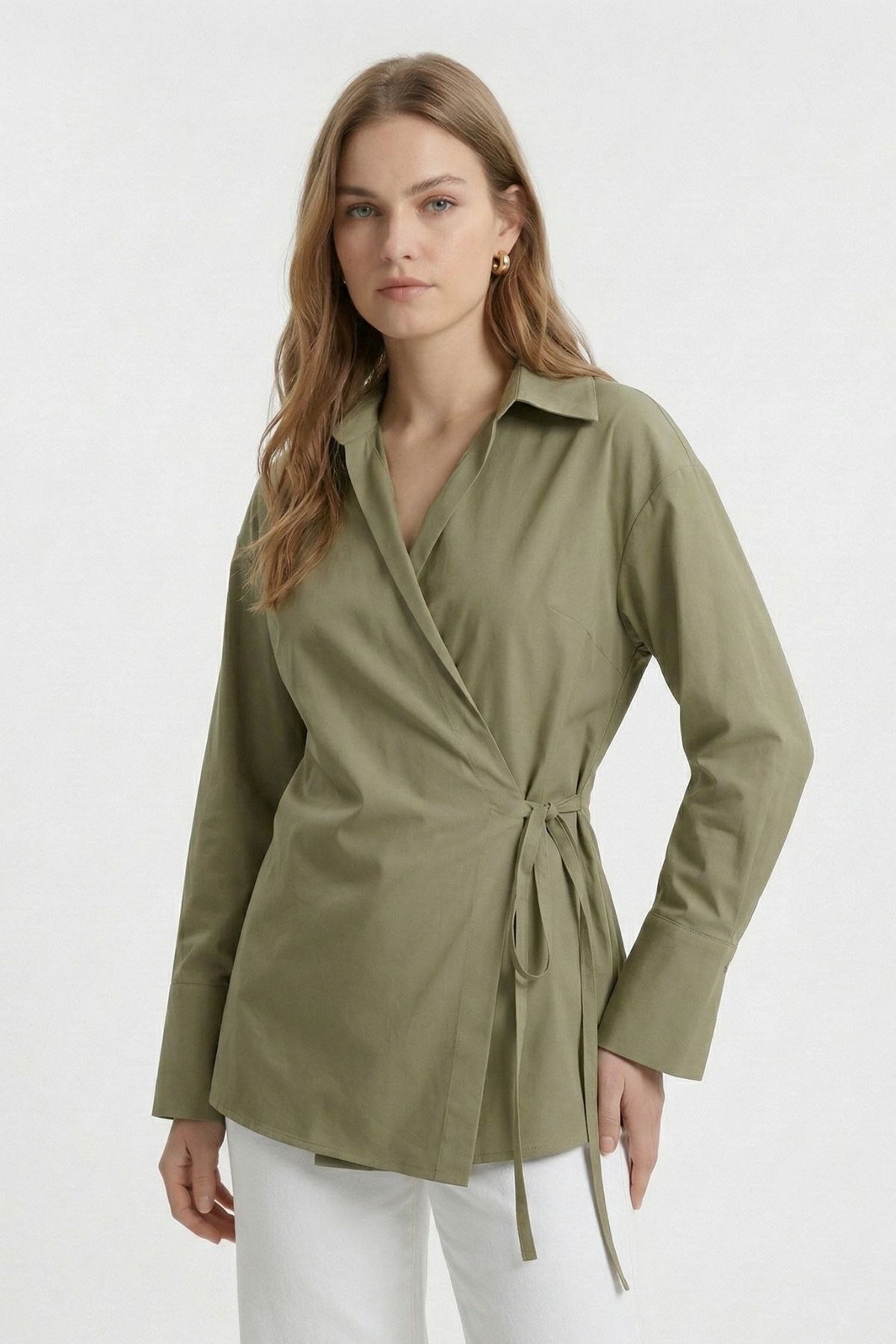 Haki Kol Yırtmaçlı Yandan Bağlamalı Gömlek 5257 - RAYS