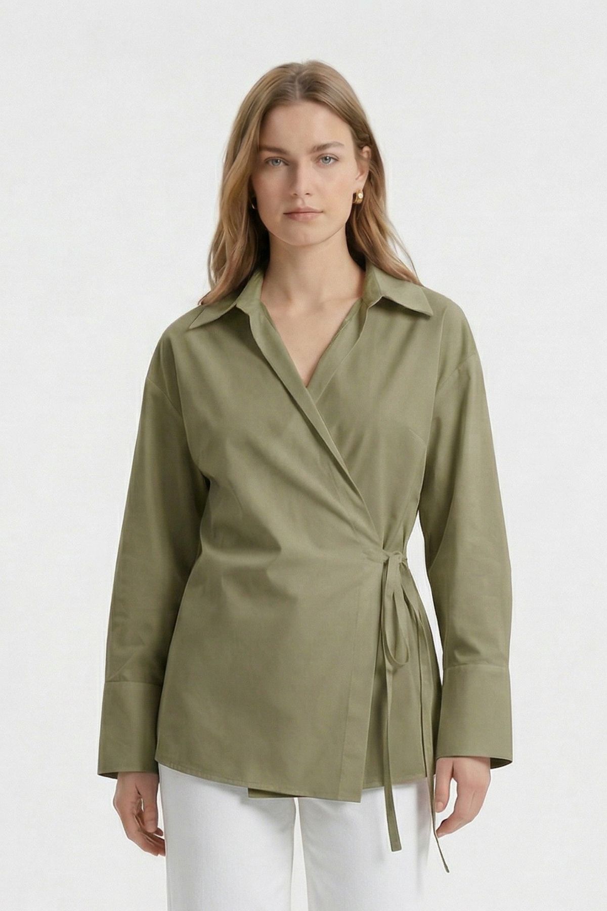 Haki Kol Yırtmaçlı Yandan Bağlamalı Gömlek 5257 - RAYS (1)