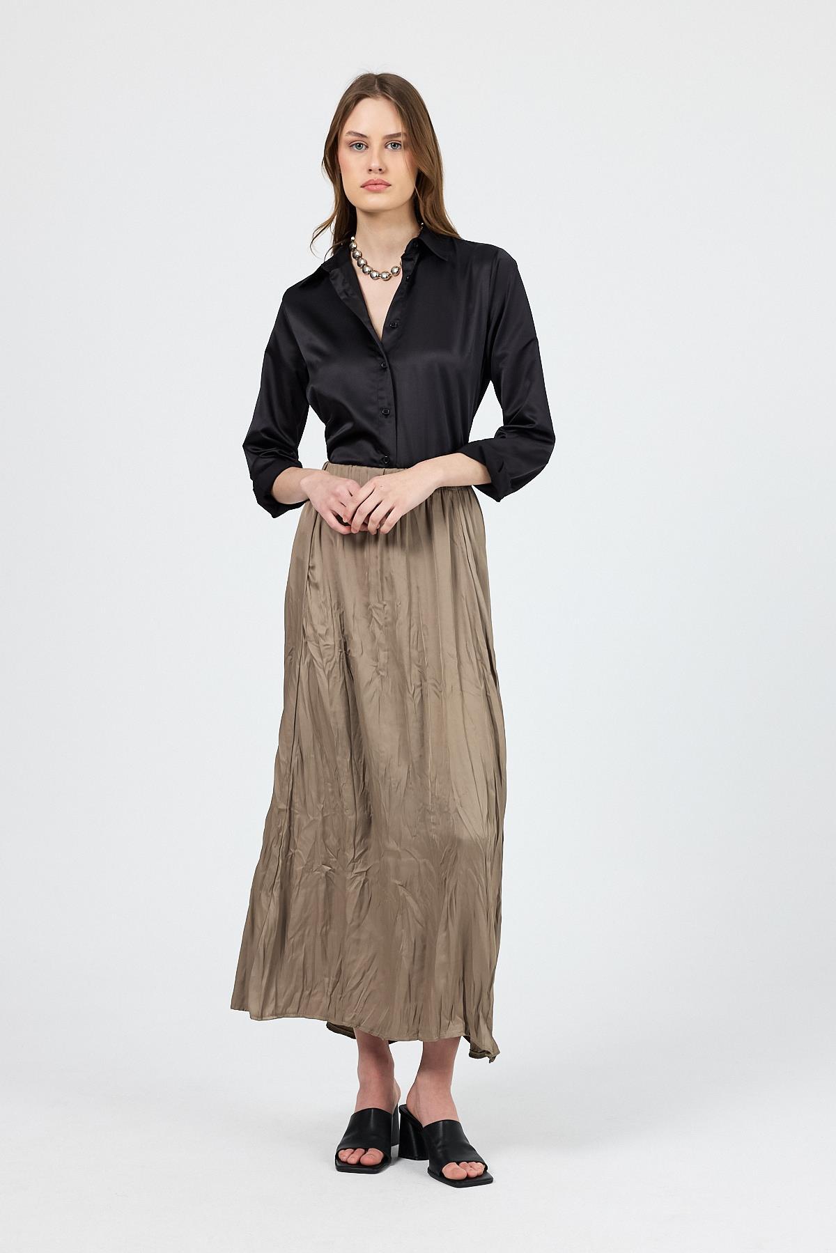 Haki Kraşlı Kırışık Kumaş Etek 9470 - RAYS