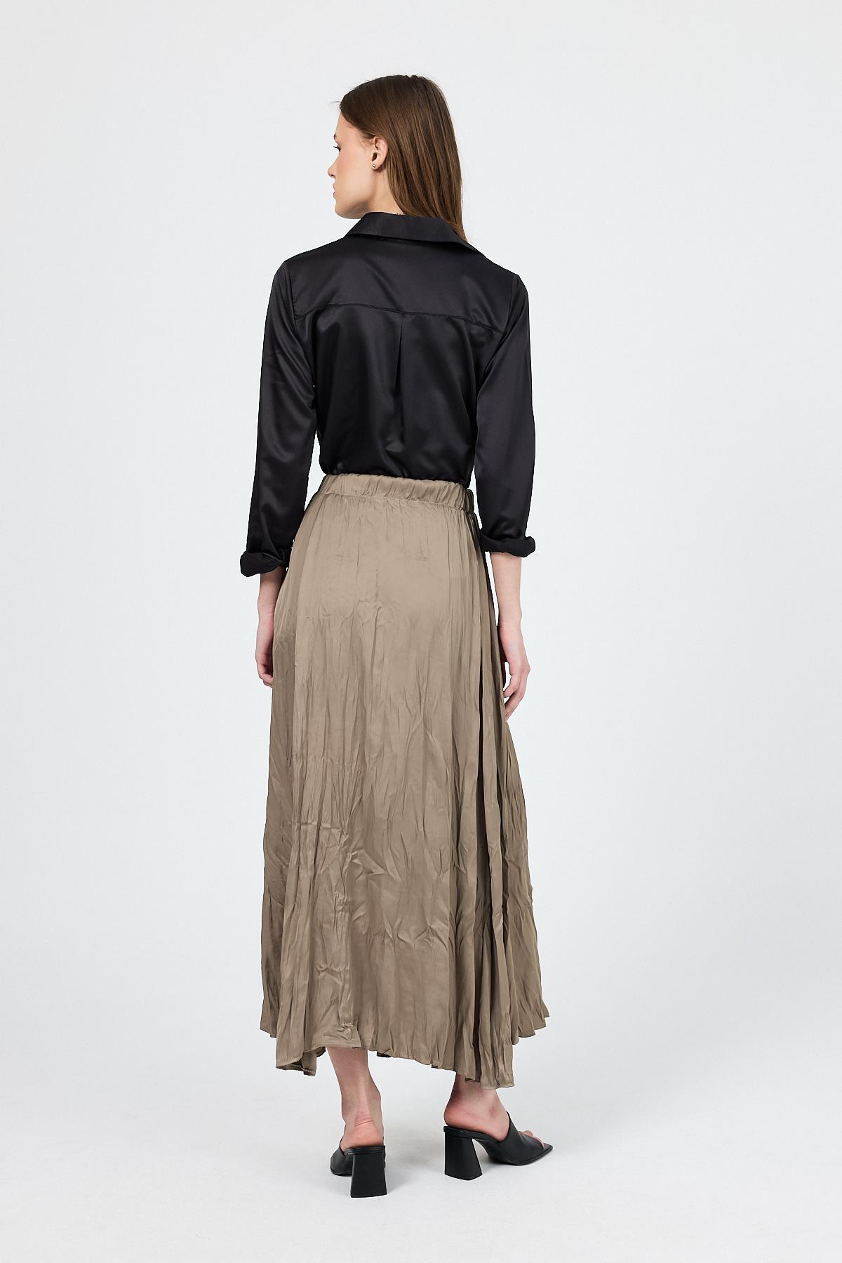 Haki Kraşlı Kırışık Kumaş Etek 9470 - 5