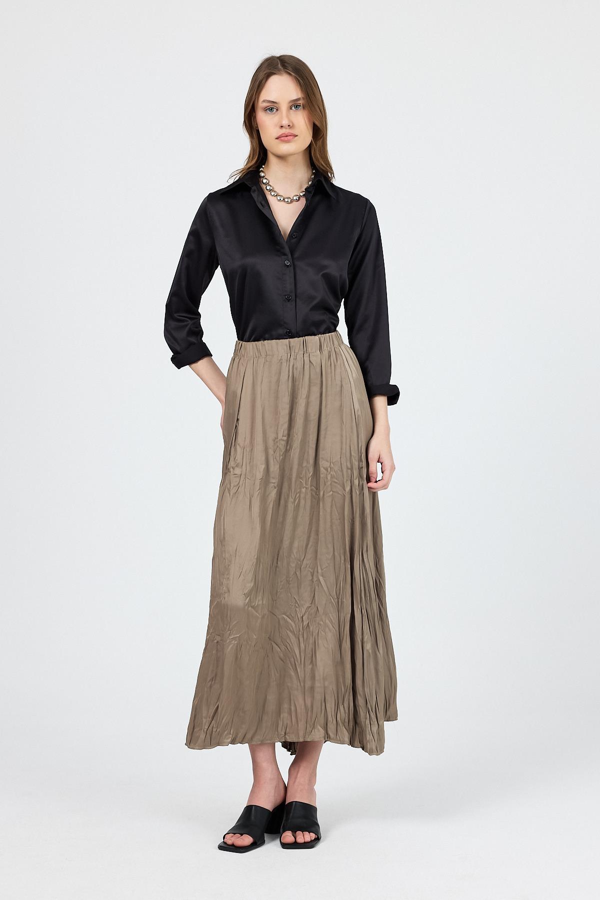 Haki Kraşlı Kırışık Kumaş Etek 9470 - RAYS