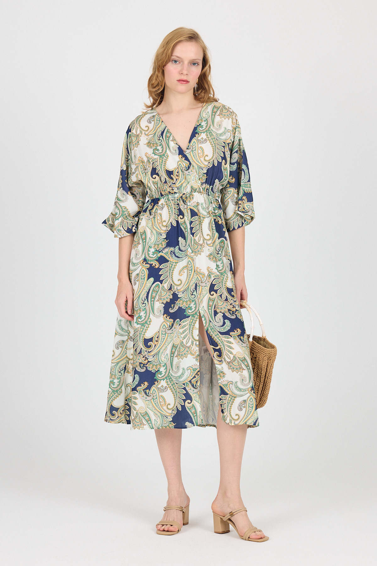 Haki Kruvaze Yaka Etnik Desenli Ön Yırtmaçlı Elbise 6651 - 1