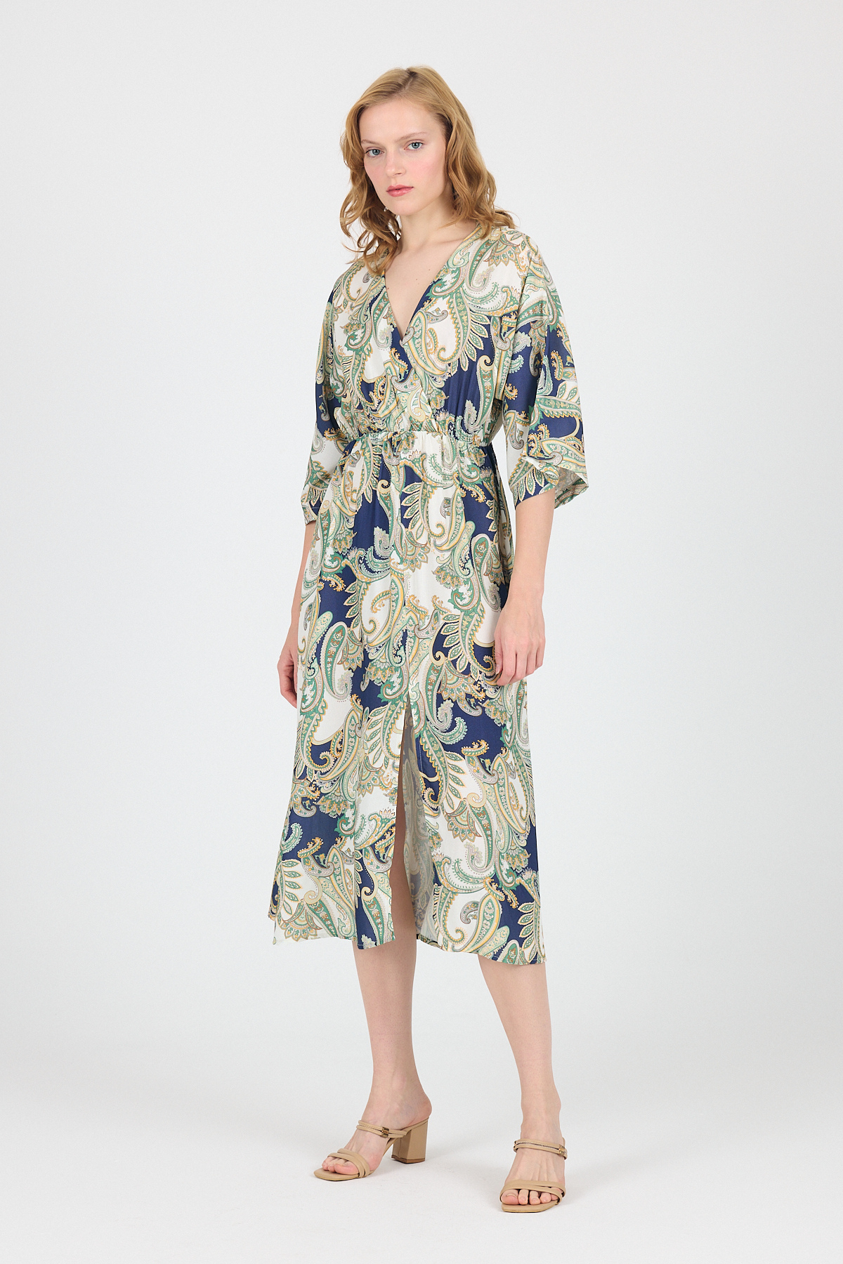 Haki Kruvaze Yaka Etnik Desenli Ön Yırtmaçlı Elbise 6651 - 2