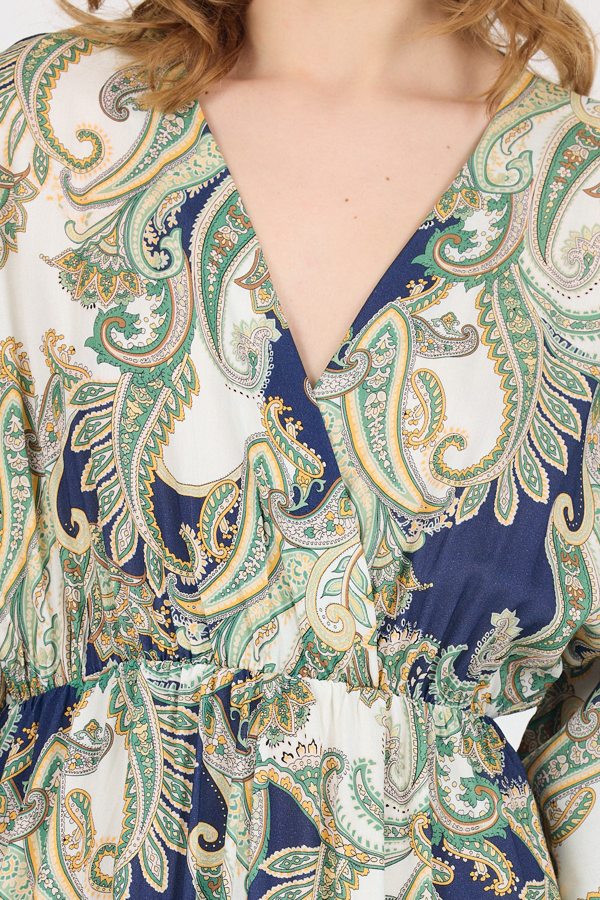 Haki Kruvaze Yaka Etnik Desenli Ön Yırtmaçlı Elbise 6651 - 4