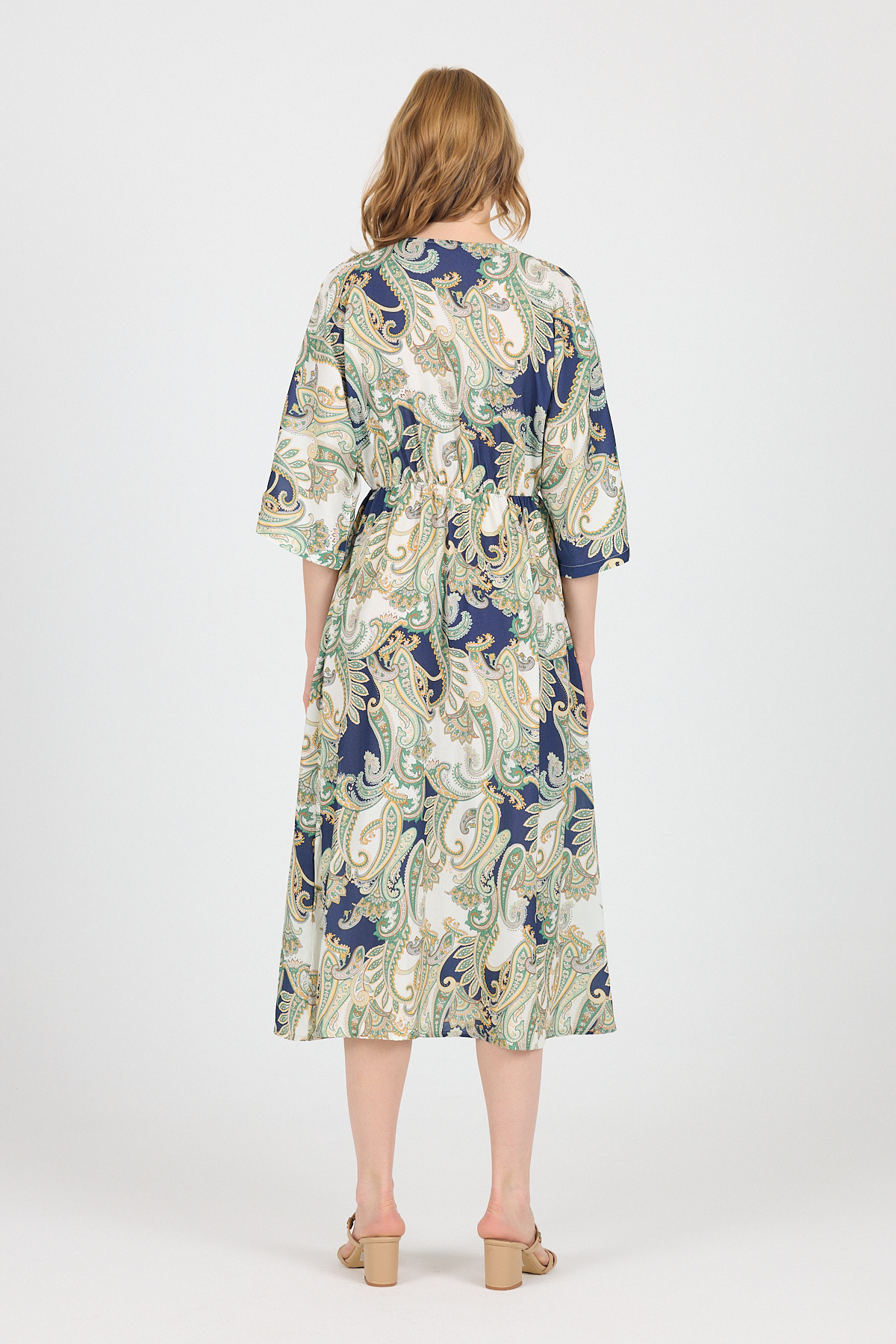 Haki Kruvaze Yaka Etnik Desenli Ön Yırtmaçlı Elbise 6651 - 5