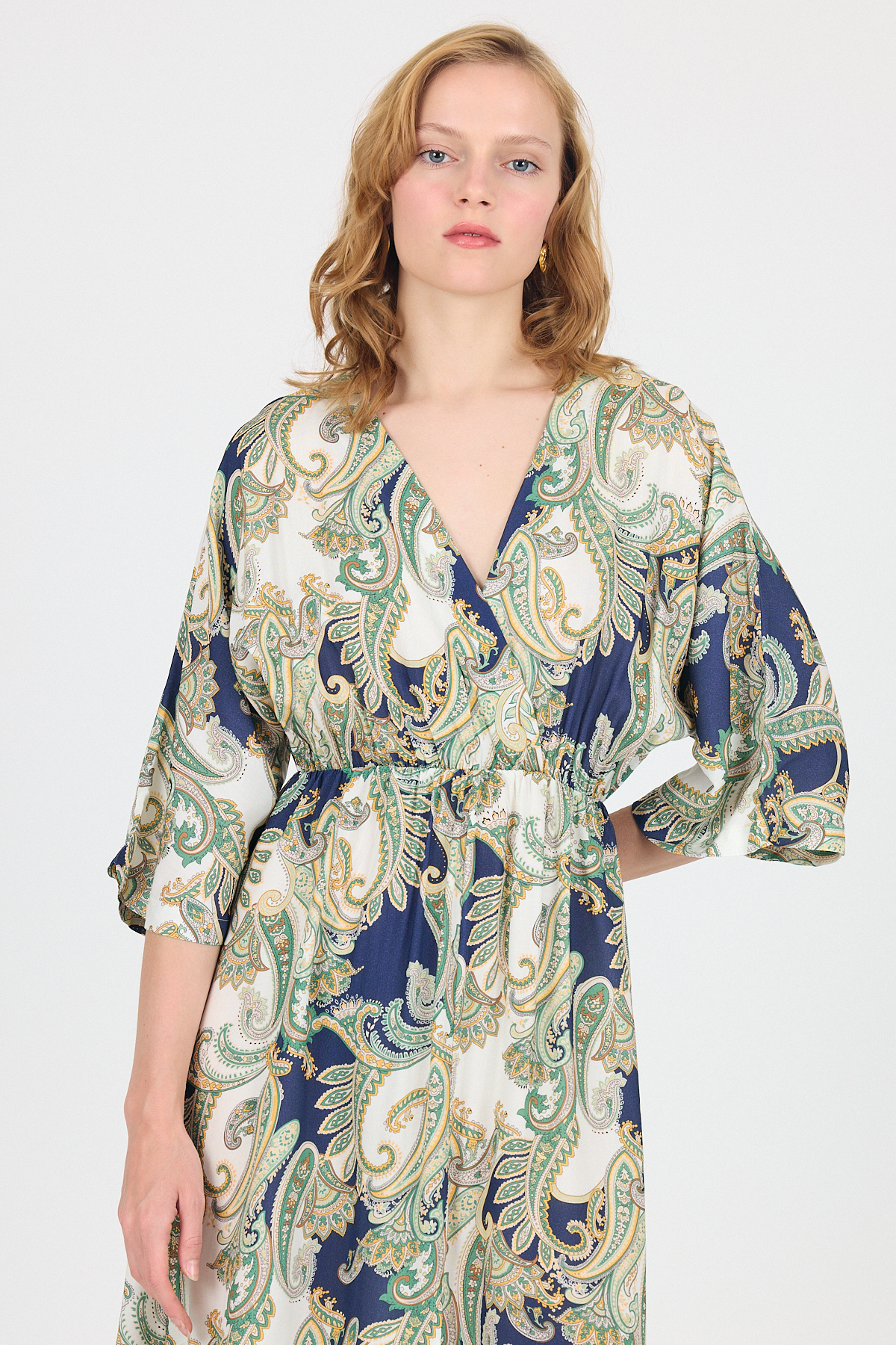 Haki Kruvaze Yaka Etnik Desenli Ön Yırtmaçlı Elbise 6651 - 6