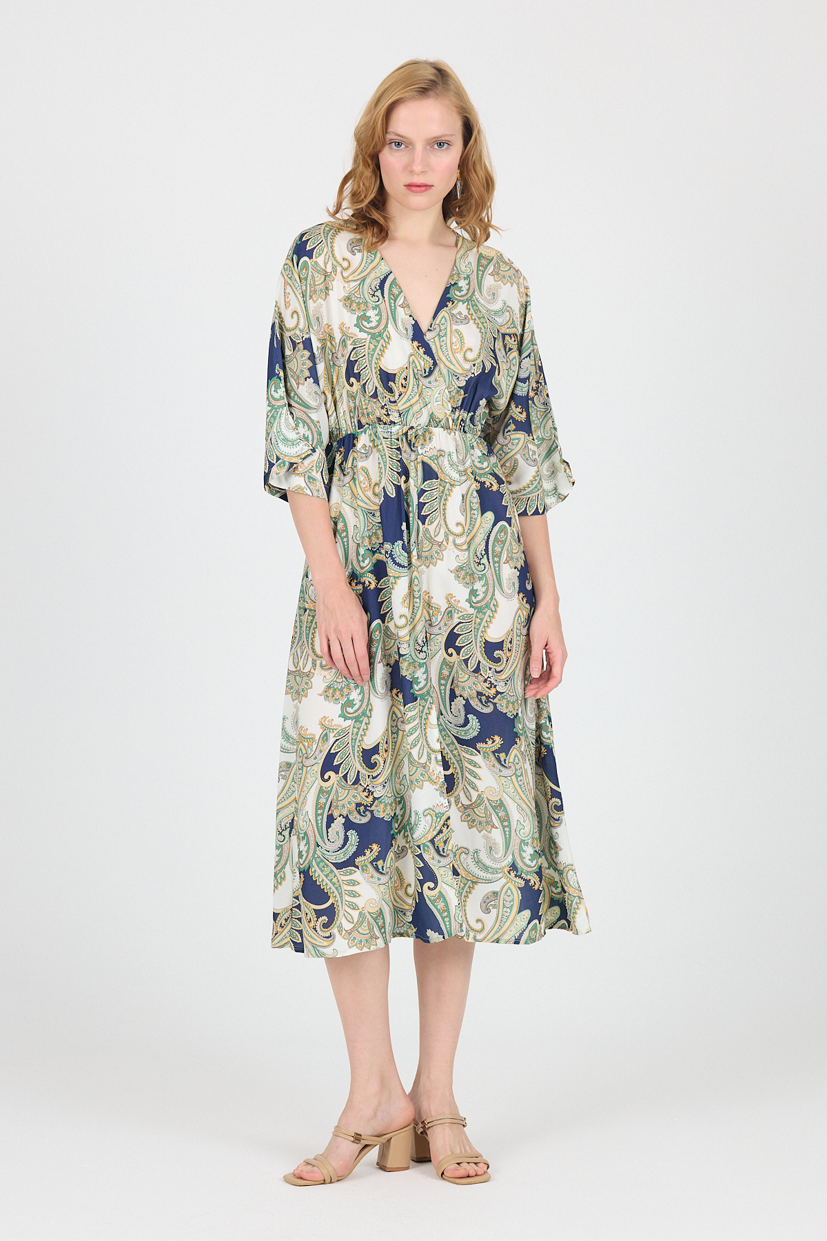 Haki Kruvaze Yaka Etnik Desenli Ön Yırtmaçlı Elbise 6651 - 7