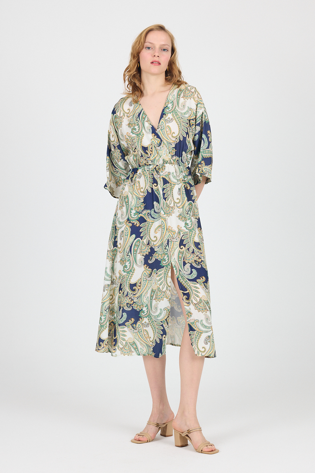 Haki Kruvaze Yaka Etnik Desenli Ön Yırtmaçlı Elbise 6651 - 3