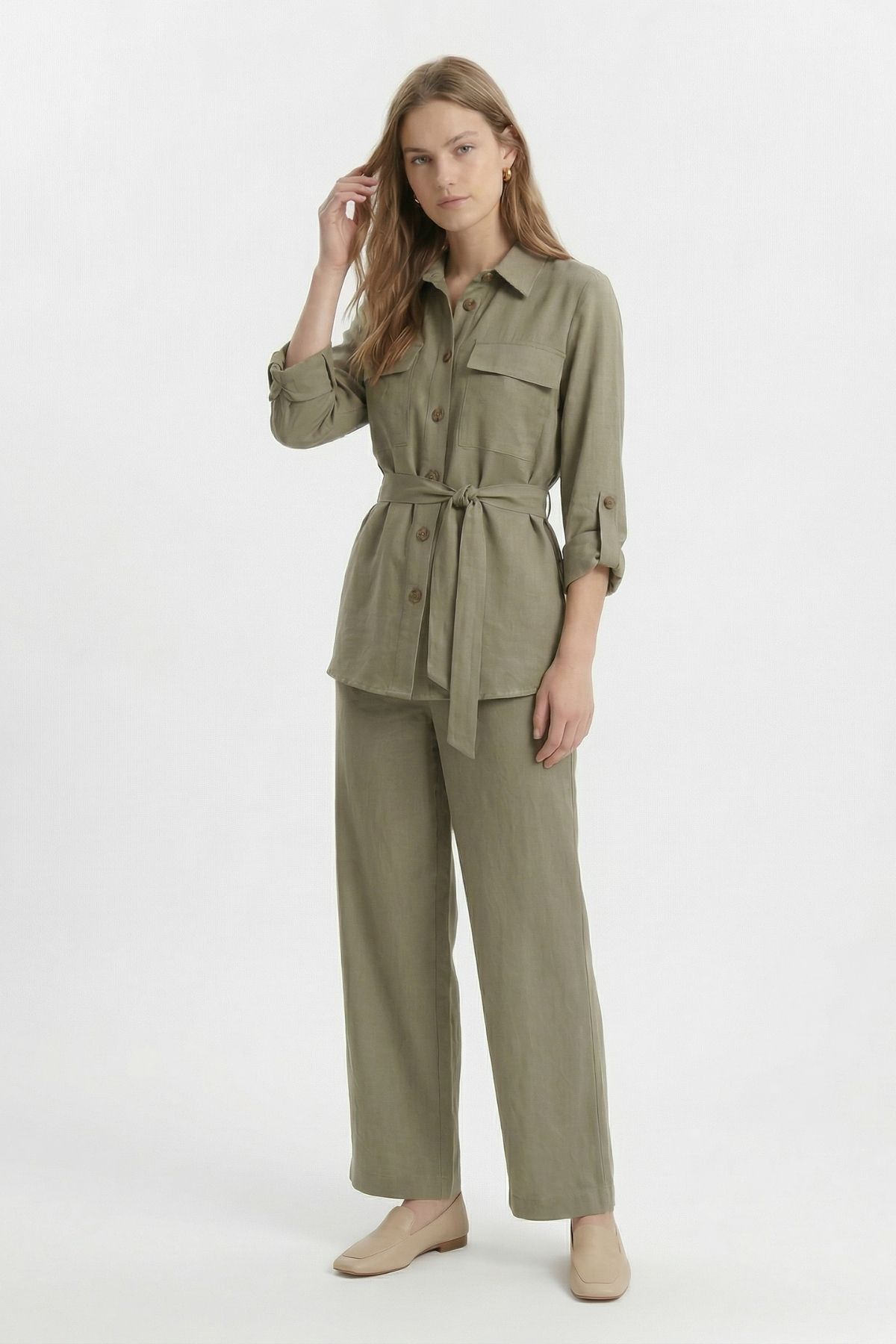 Haki Kuşaklı Cepli Ceket Pantolon Takım 8874 