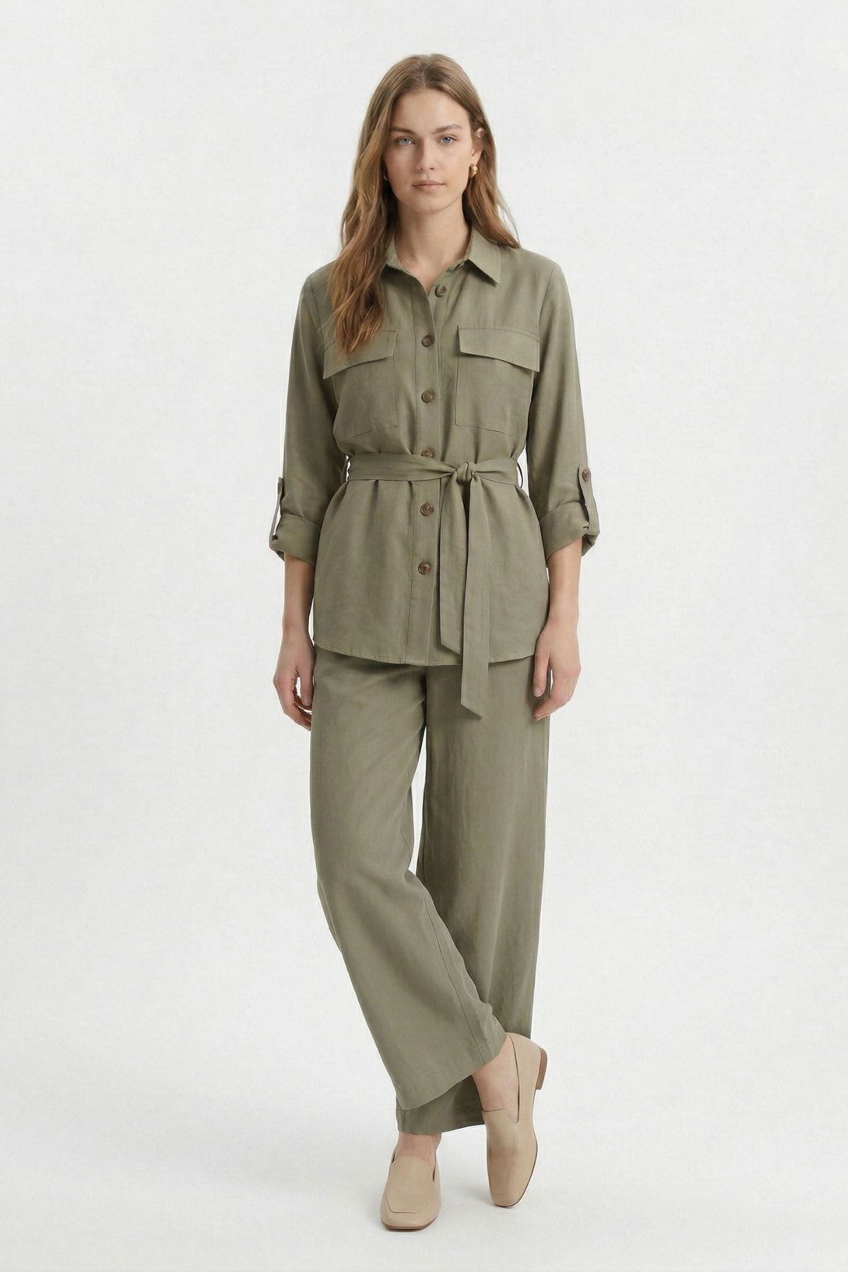 Haki Kuşaklı Cepli Ceket Pantolon Takım 8874 - 2