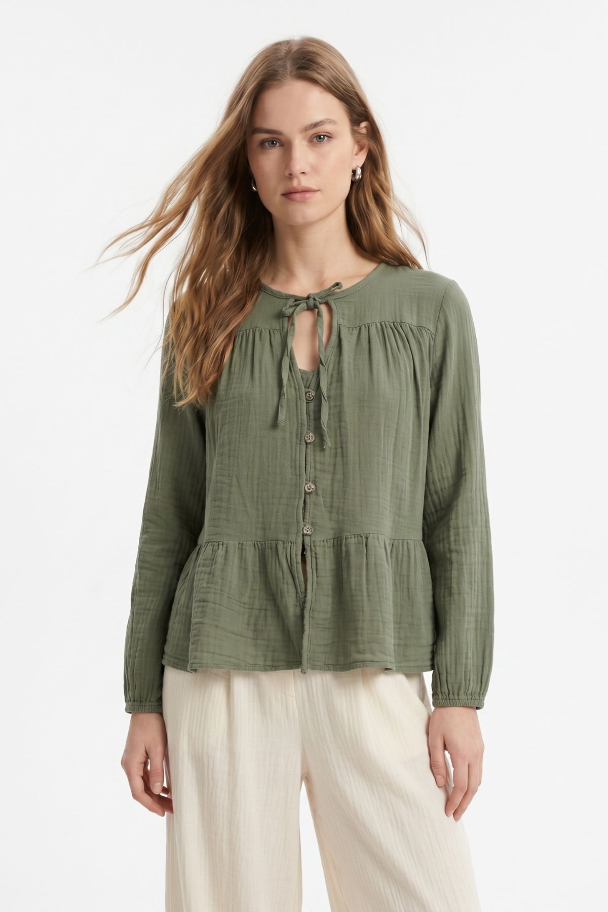 Haki Ön Bağlama Detaylı Düğmeli Bluz 4531A - RAYS