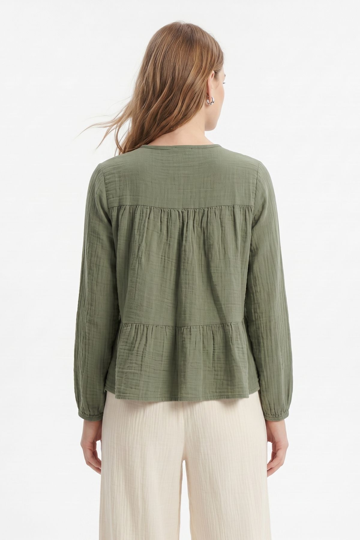 Haki Ön Bağlama Detaylı Düğmeli Bluz 4531A - RAYS