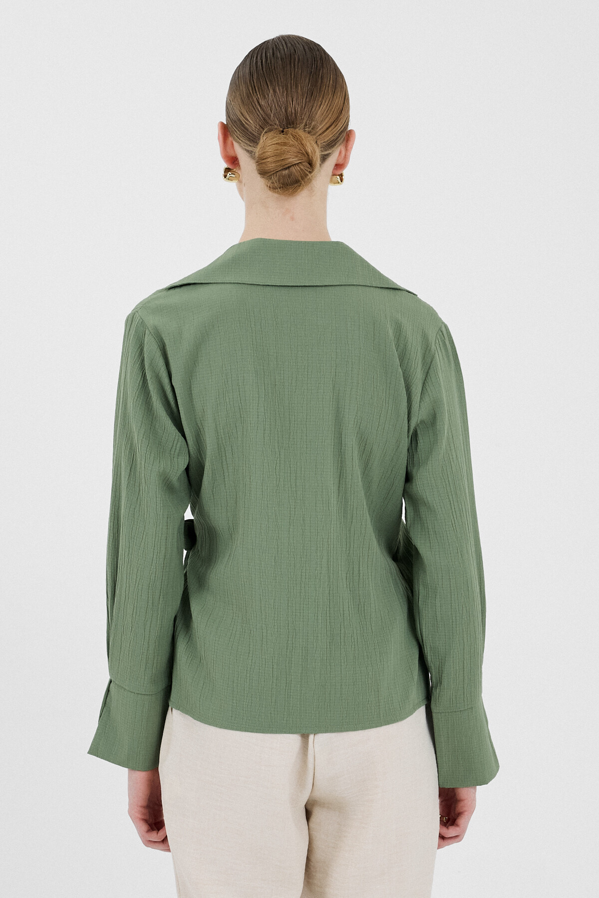 Haki Ön Bağlama Detaylı Uzun Kol Bluz 8019A - 5