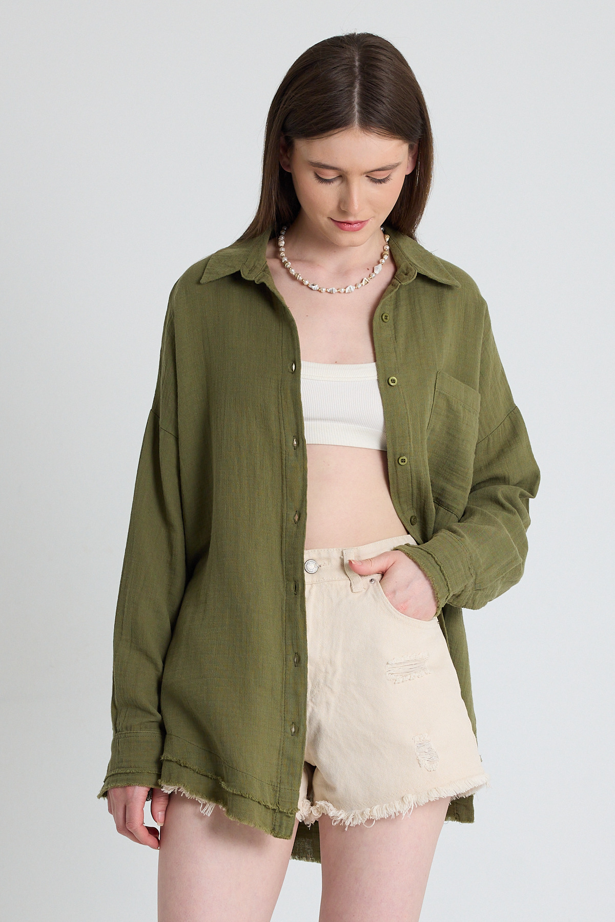 Haki Oversize %100 Pamuk Müslin Gömlek 4786A 