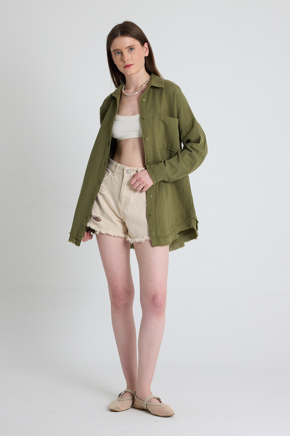 Haki Oversize %100 Pamuk Müslin Gömlek 4786A - RAYS