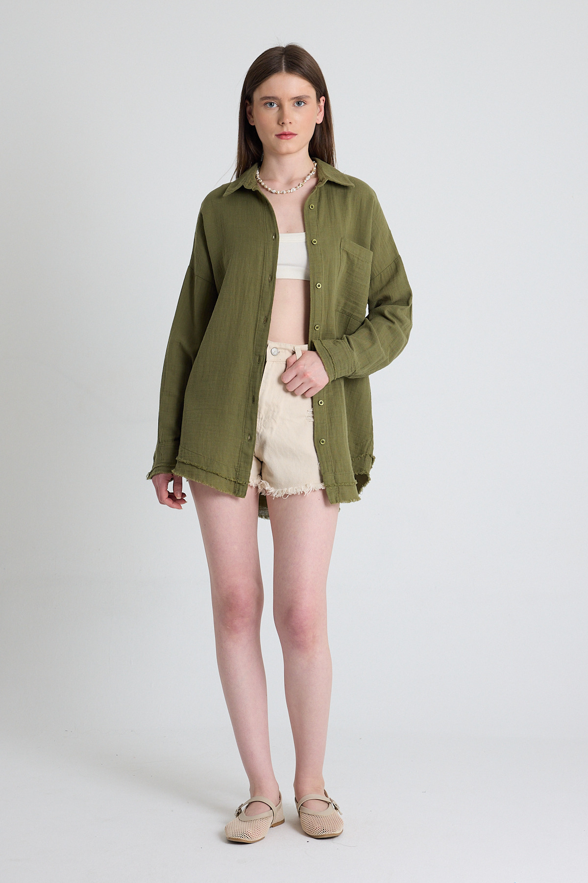 Haki Oversize %100 Pamuk Müslin Gömlek 4786A - 3