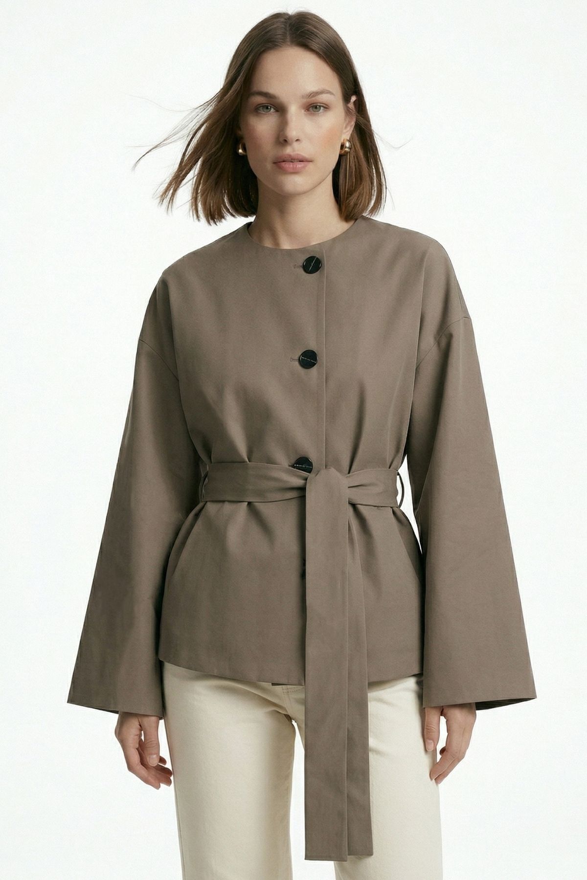 Haki Regular Fit Bisiklet Yaka Kuşaklı Ceket 7672 - 1