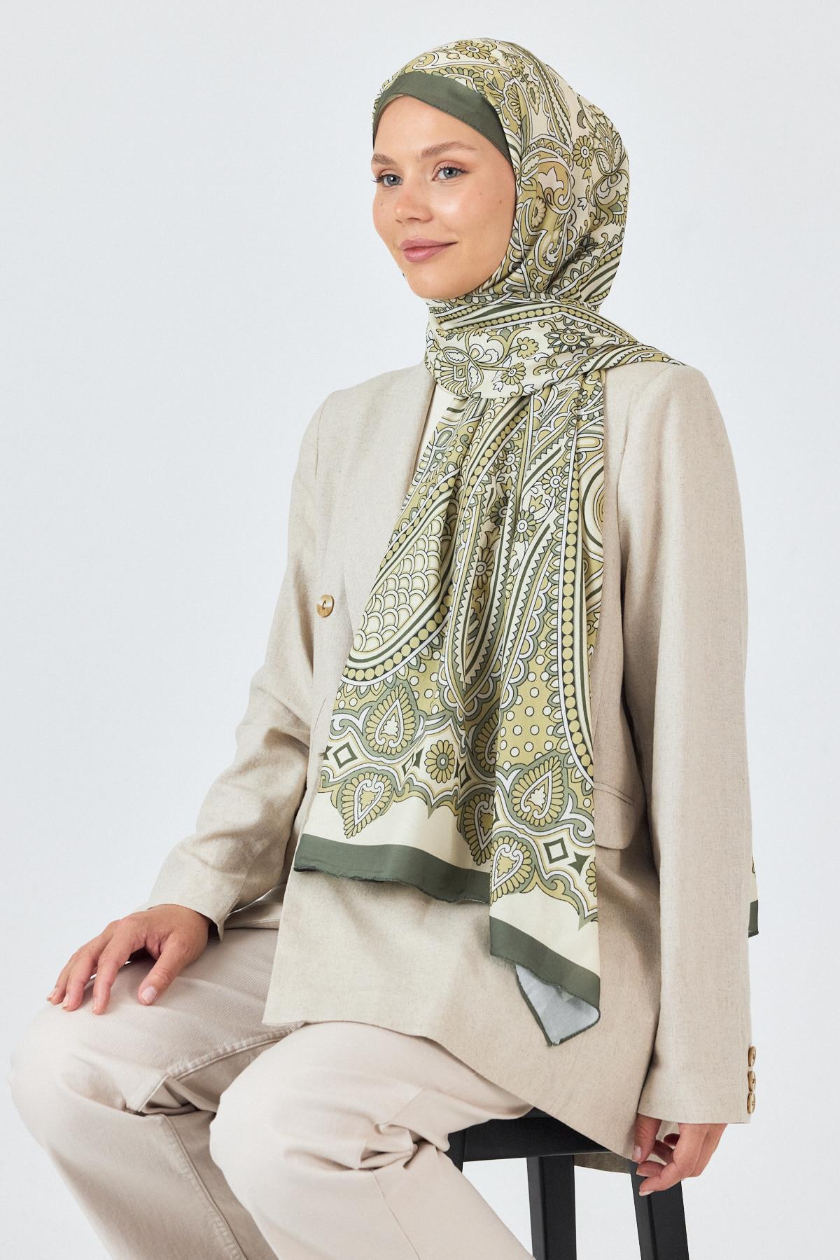 Haki Retro Desenli Şal 5684 