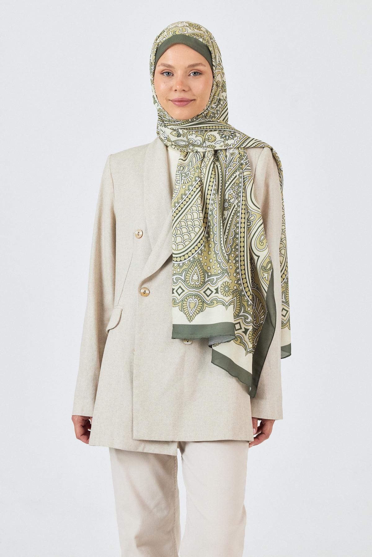 Haki Retro Desenli Şal 5684 - 2