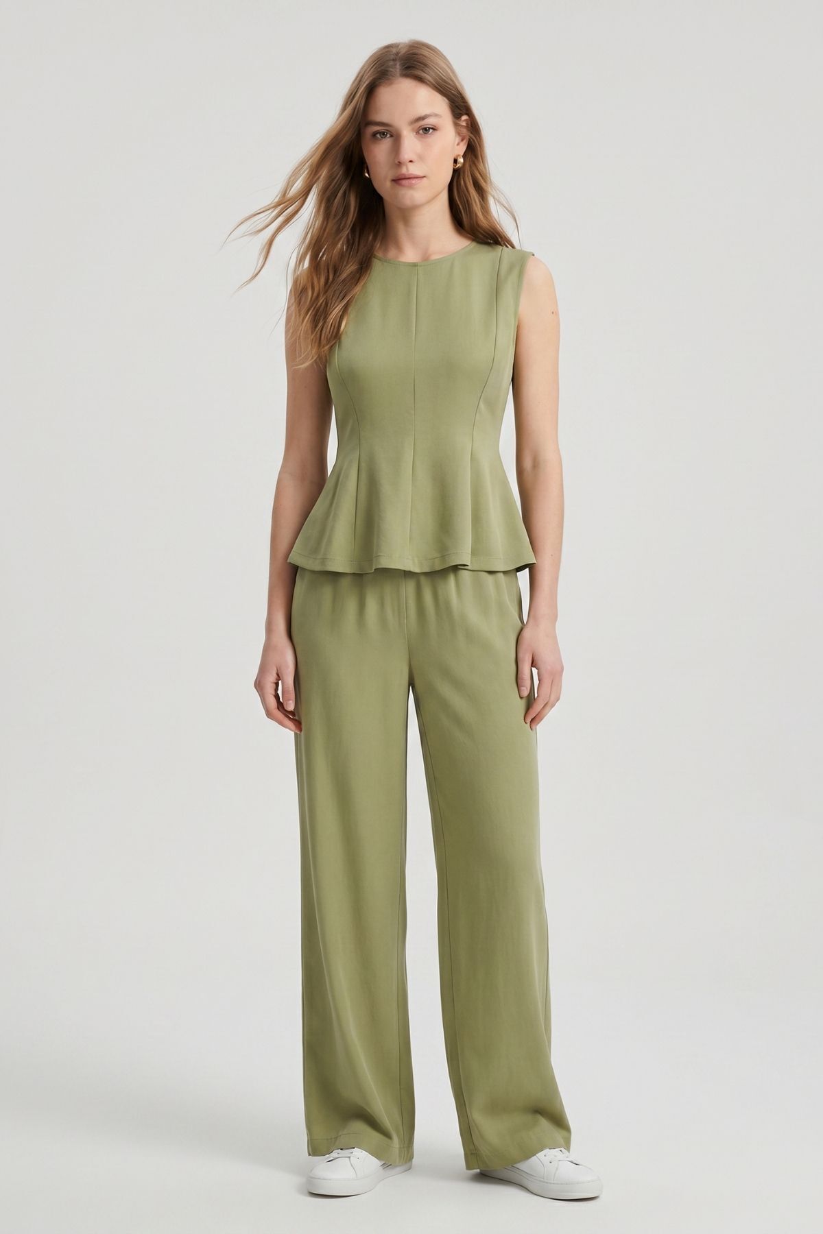 Sıfır Kol Peplum Bluz Bol Paça Pantolon Takım 18007 Haki - RAYS
