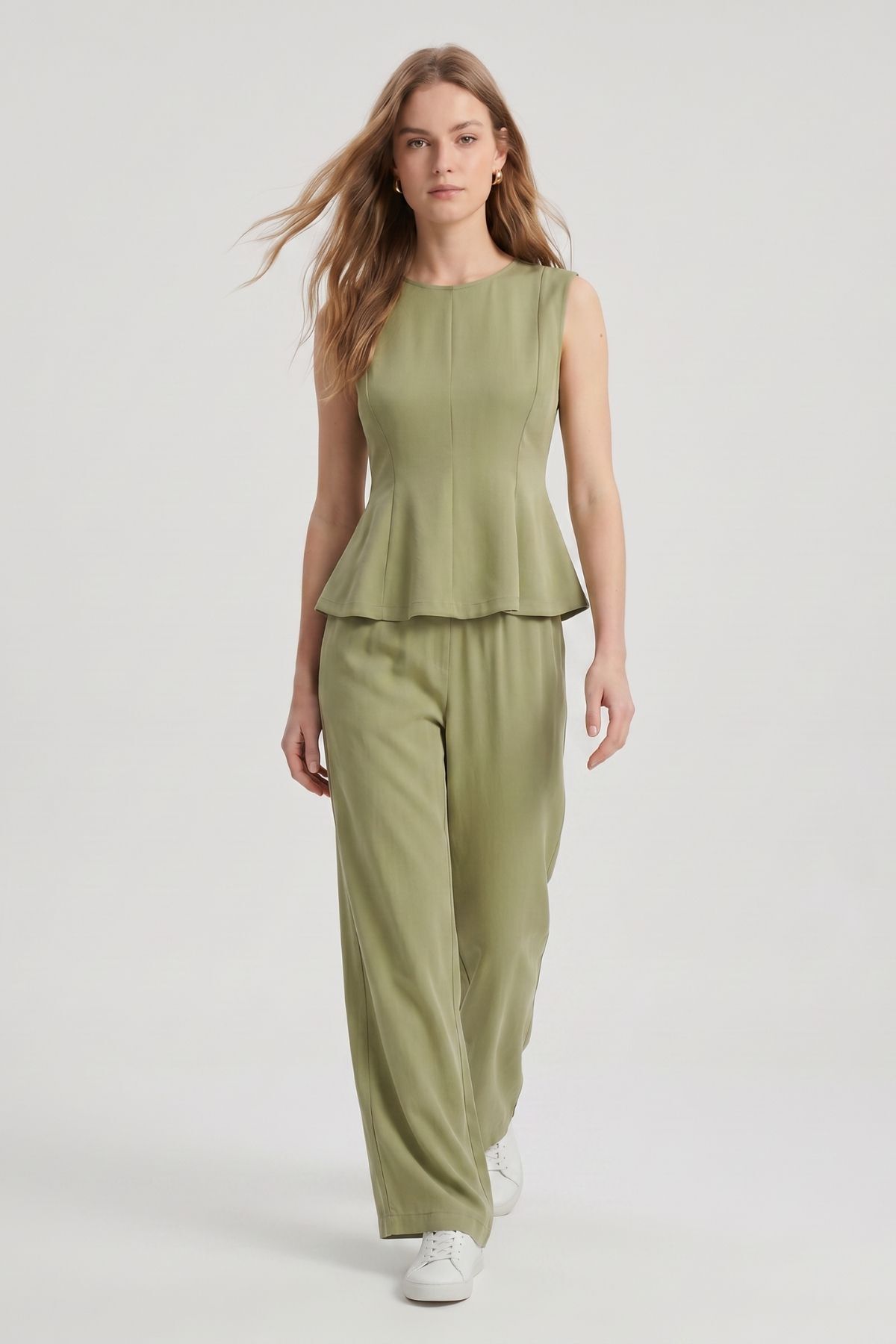 Sıfır Kol Peplum Bluz Bol Paça Pantolon Takım 18007 Haki - RAYS