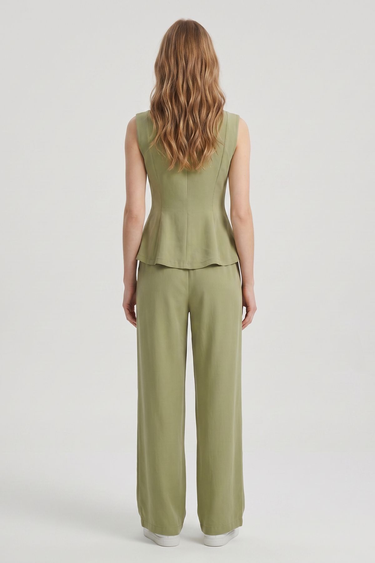 Sıfır Kol Peplum Bluz Bol Paça Pantolon Takım 18007 Haki - RAYS
