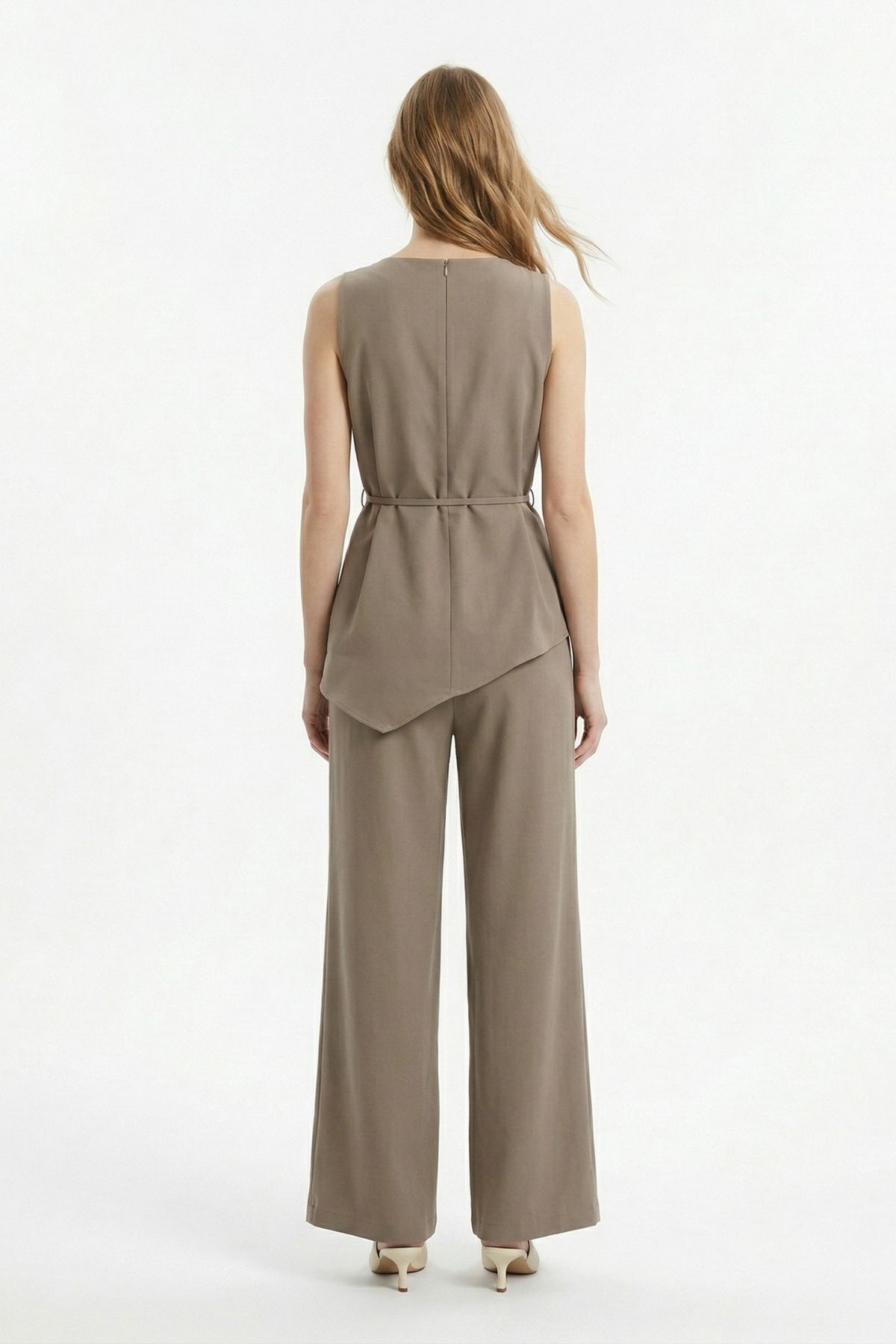 Haki Sıfır Kollu Kuşaklı Asimetrik Bluz ve Bol Paça Pantolon Takım 8861 - 3