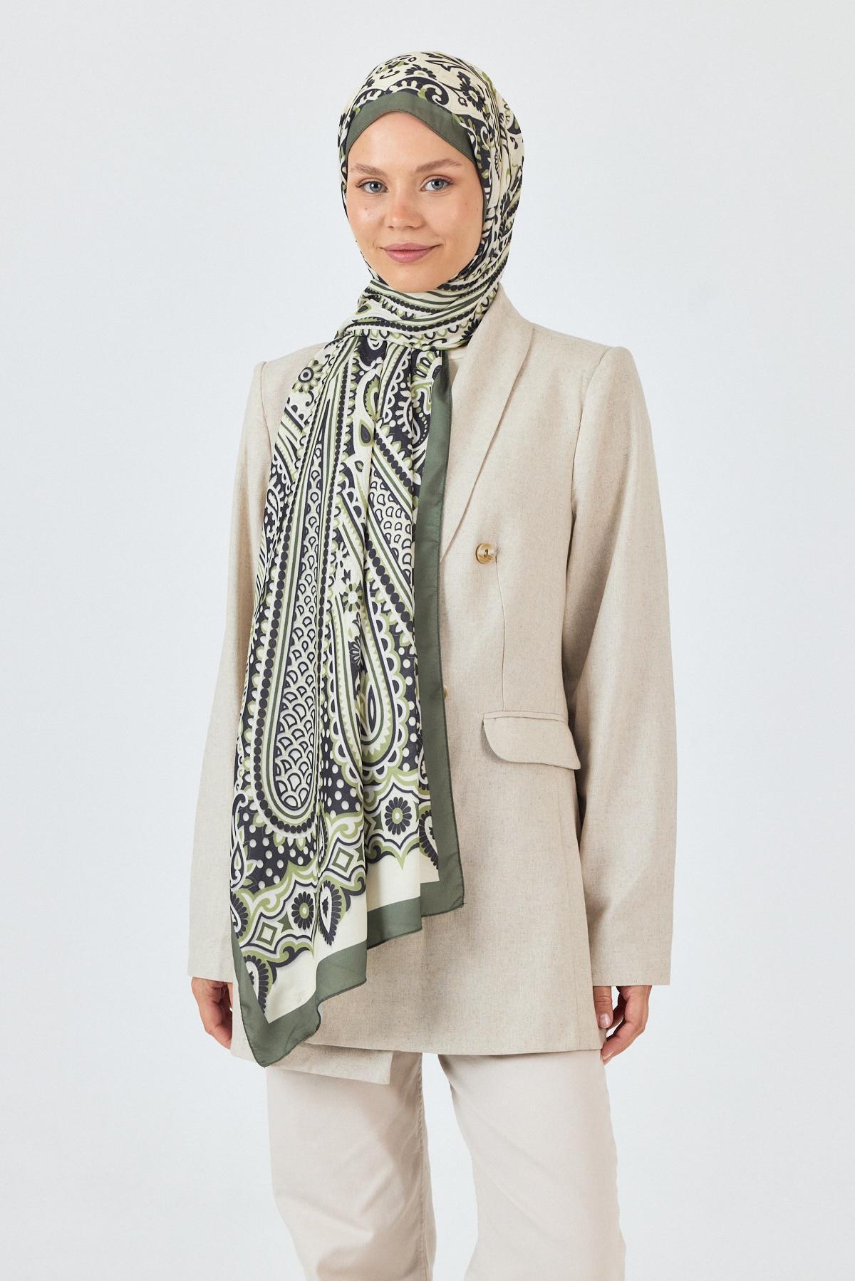 Haki-Siyah Retro Desenli Şal 5684 - 1