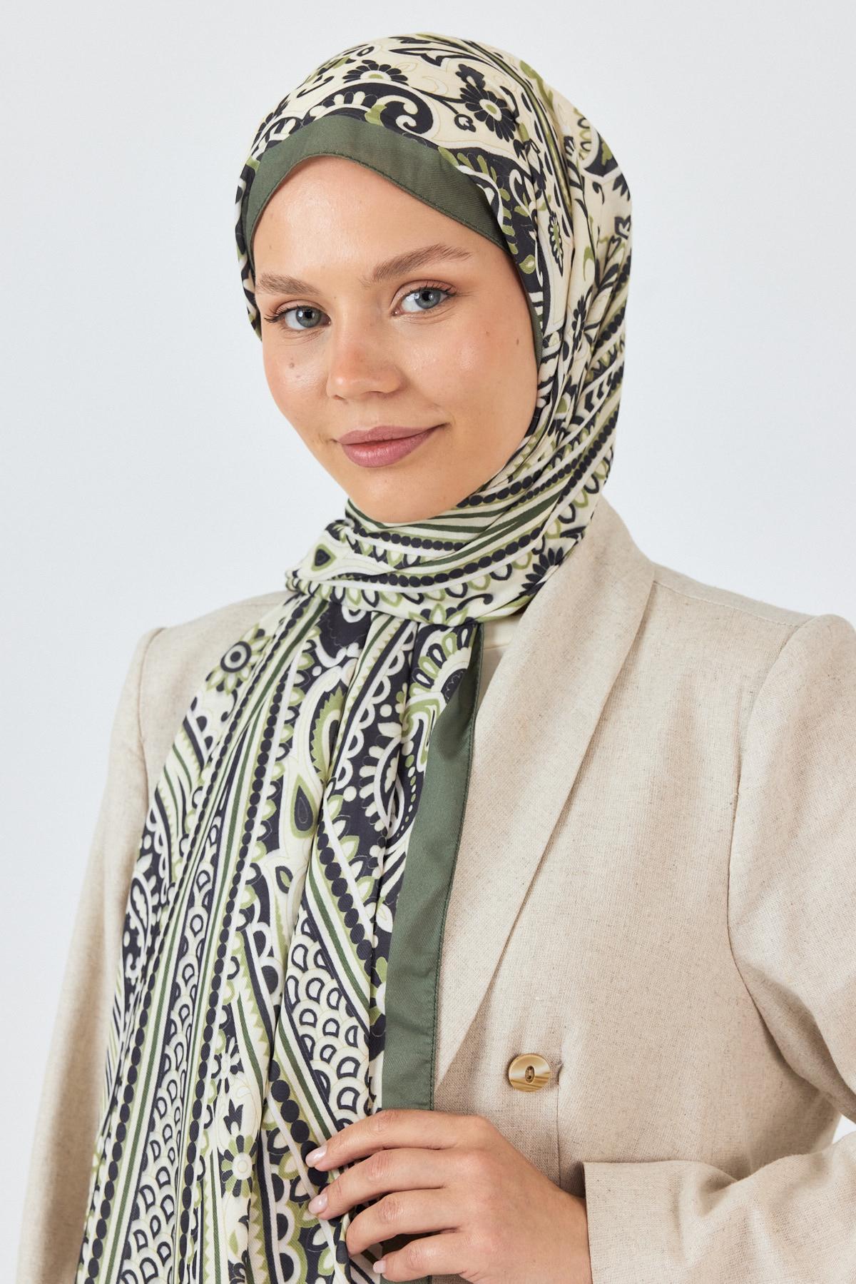 Haki-Siyah Retro Desenli Şal 5684 - 2