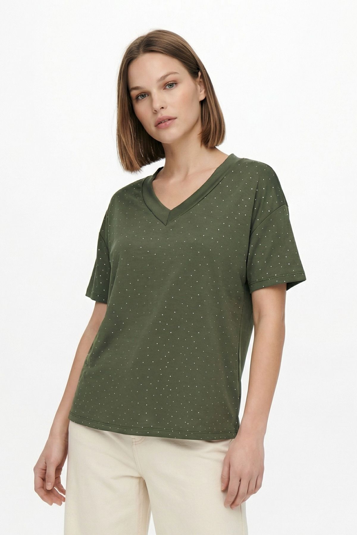 Haki Taşlı V Yaka Kısa Kol Tişört 1761 - 1