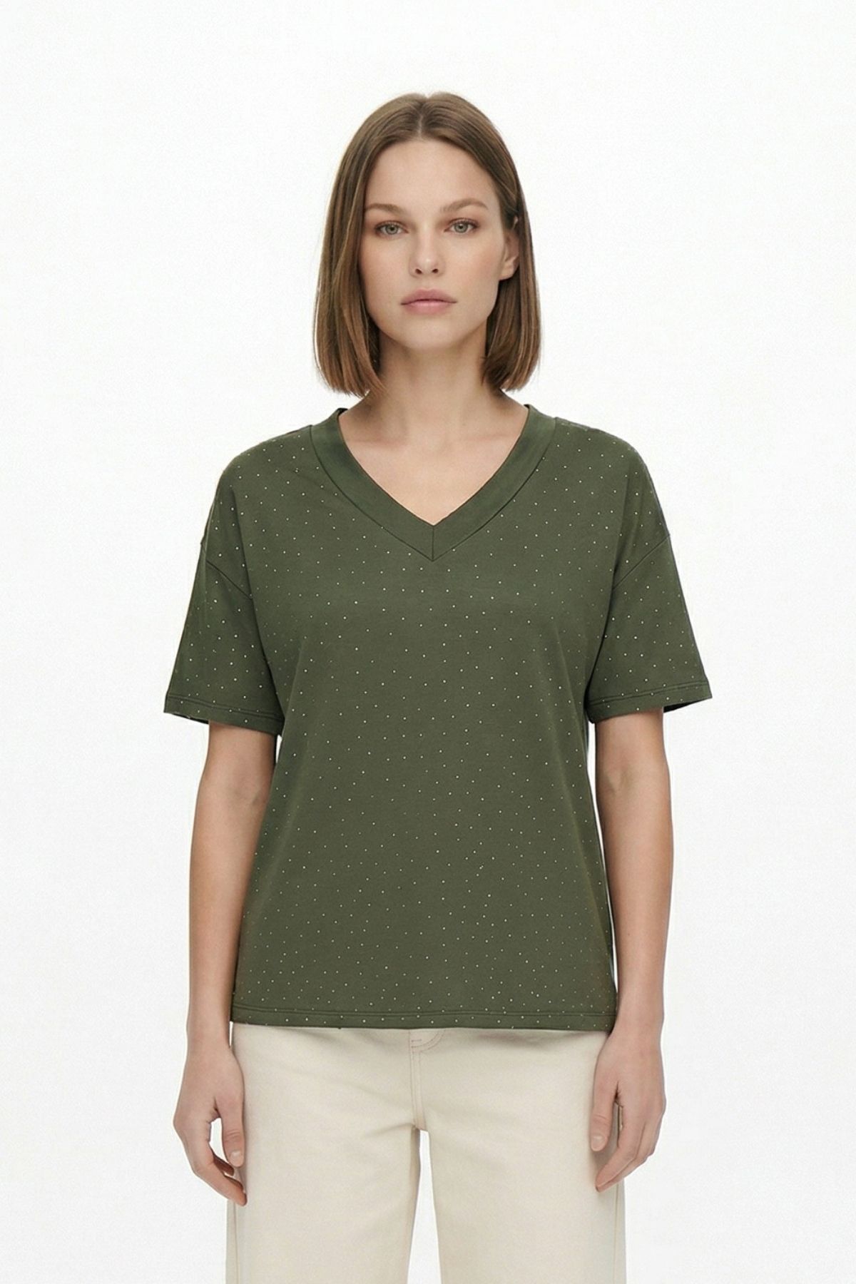 Haki Taşlı V Yaka Kısa Kol Tişört 1761 - 2