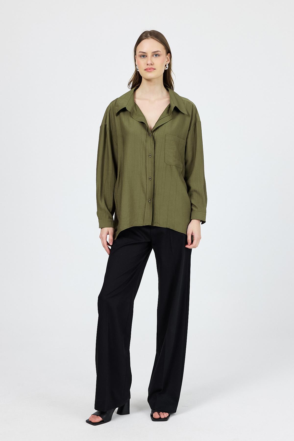 Haki Tek Cep Detaylı Dokuma Gömlek 4641A - 2