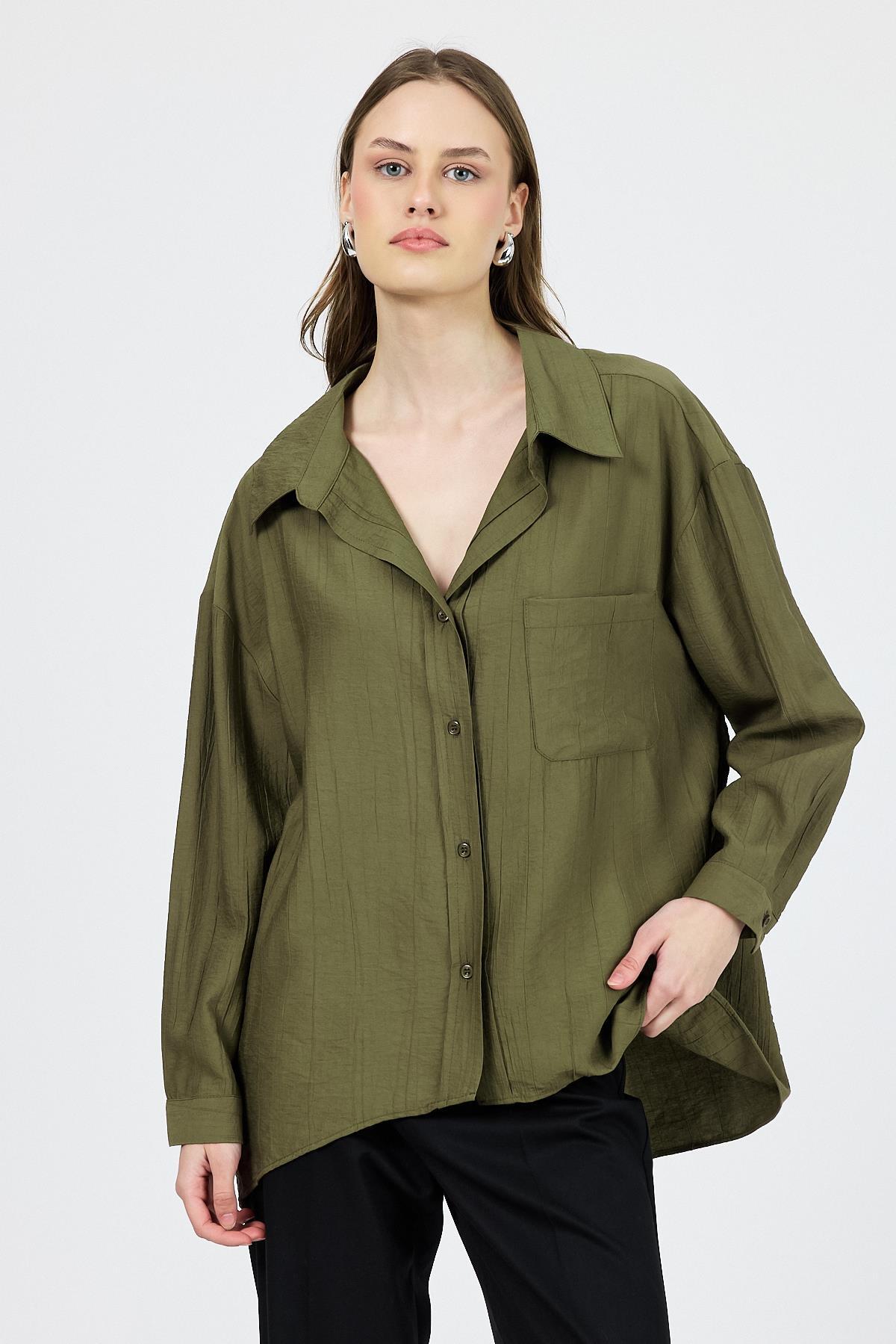 Haki Tek Cep Detaylı Dokuma Gömlek 4641A - 3