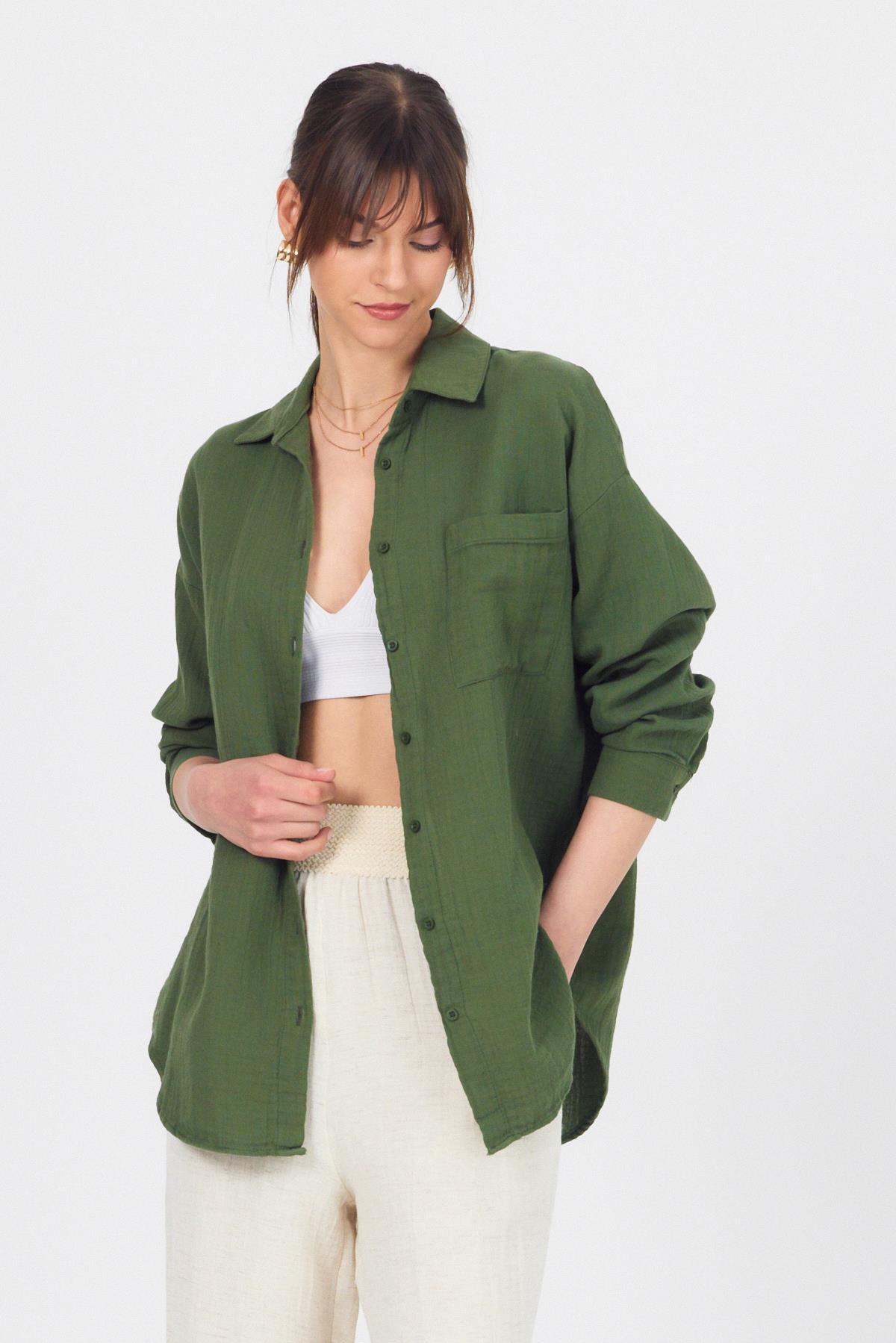 Haki Tek Cepli %100 Pamuk Oversize Müslin Gömlek 4697A - 1