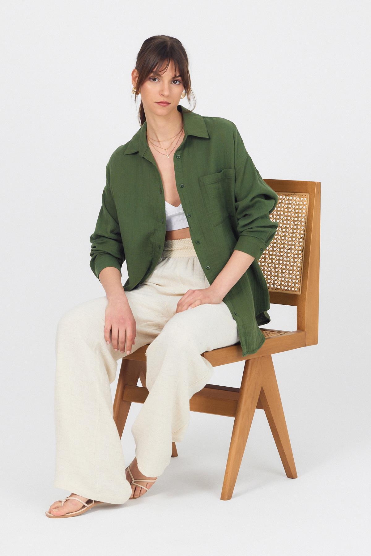 Haki Tek Cepli %100 Pamuk Oversize Müslin Gömlek 4697A - 2