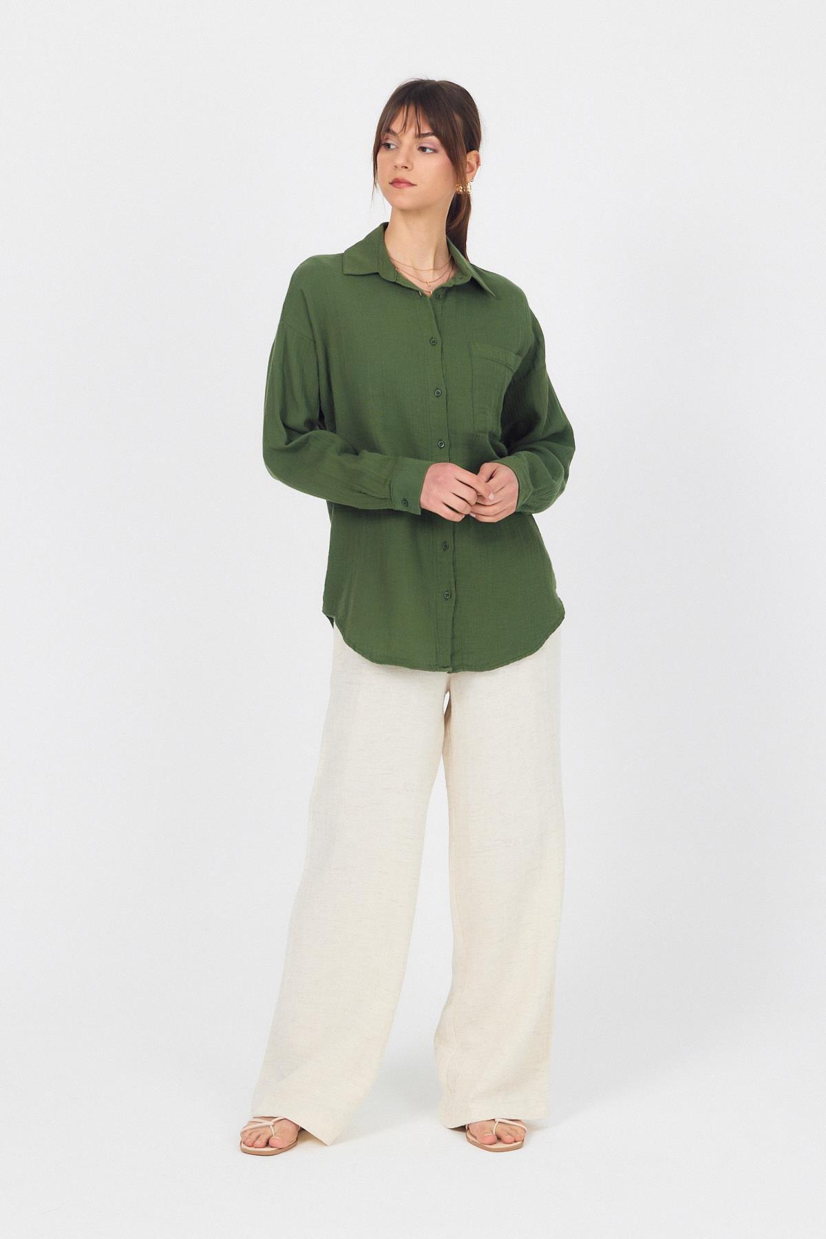 Haki Tek Cepli %100 Pamuk Oversize Müslin Gömlek 4697A - 4