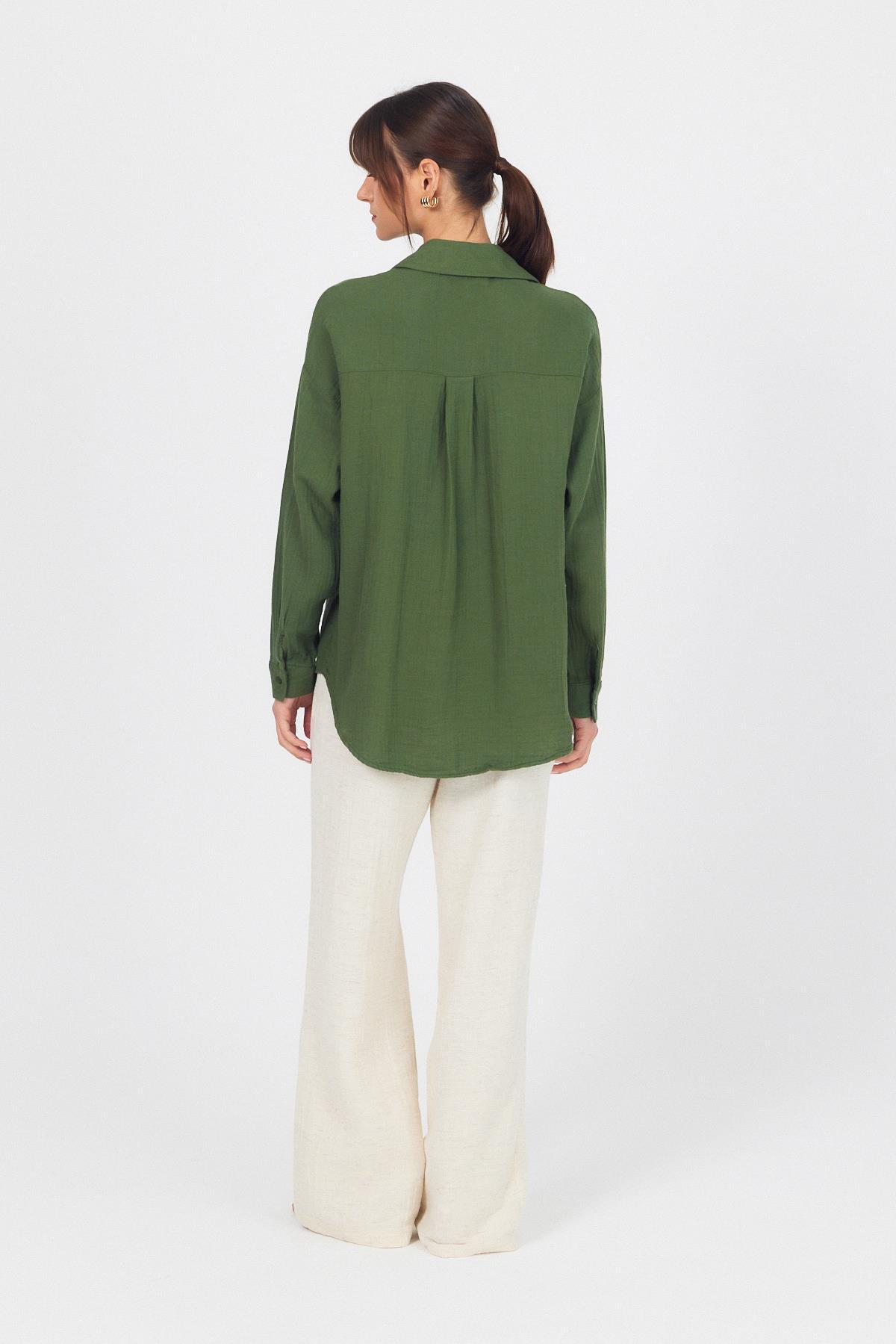 Haki Tek Cepli %100 Pamuk Oversize Müslin Gömlek 4697A - 5