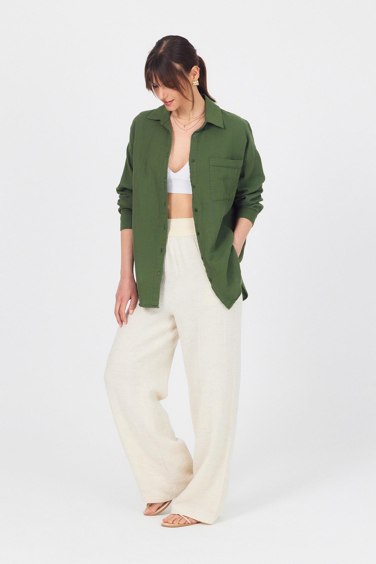 Haki Tek Cepli %100 Pamuk Oversize Müslin Gömlek 4697A - 7
