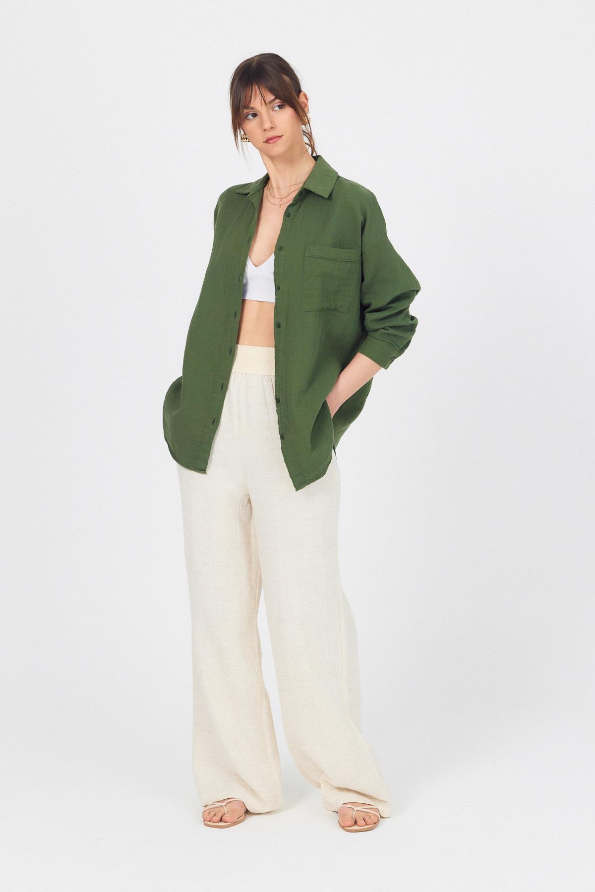 Haki Tek Cepli %100 Pamuk Oversize Müslin Gömlek 4697A - 8