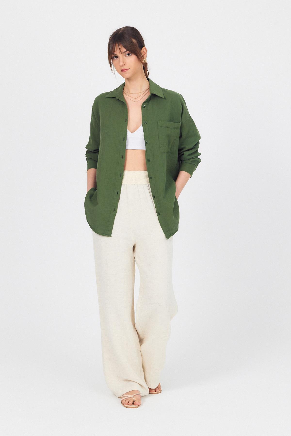 Haki Tek Cepli %100 Pamuk Oversize Müslin Gömlek 4697A - 3
