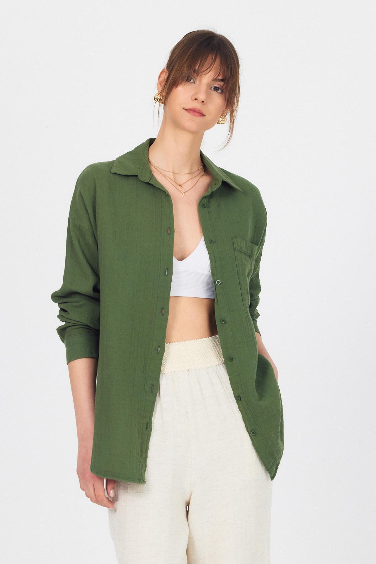 Haki Tek Cepli %100 Pamuk Oversize Müslin Gömlek 4697A - 6