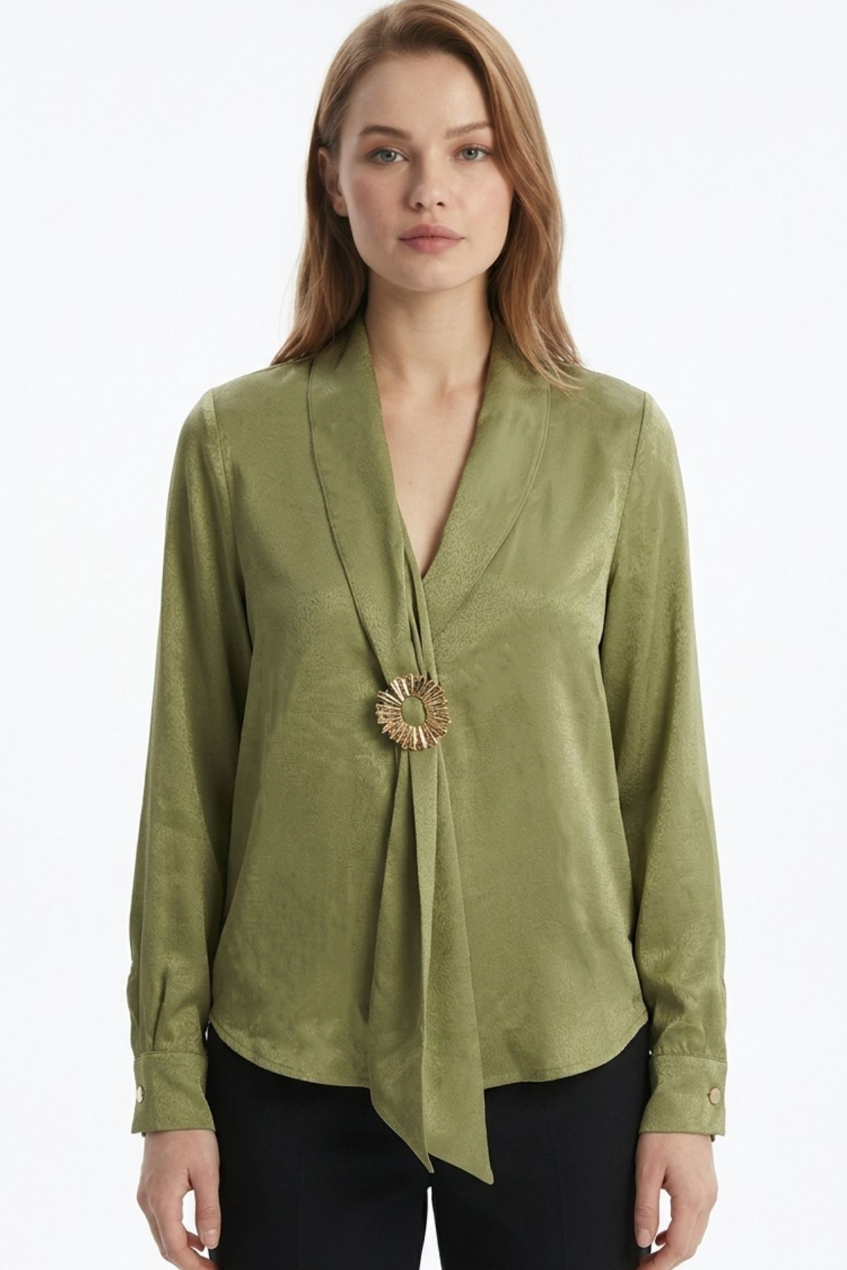 Haki V Yaka Aksesuarlı Bluz 252234 - RAYS